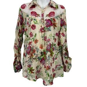 Magazine Womens Floral Embroidered Button Up Long Roll Tab Sleeve Gauze Shirt L